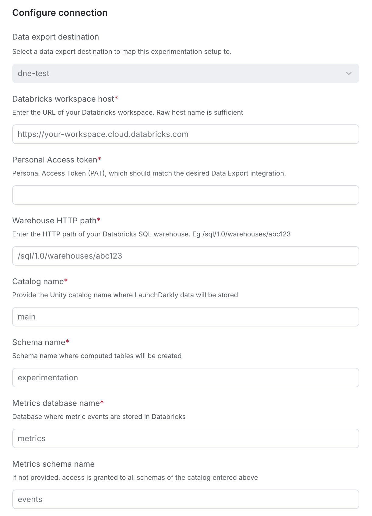 The Databricks Native Experimentation setup screen in LaunchDarkly.